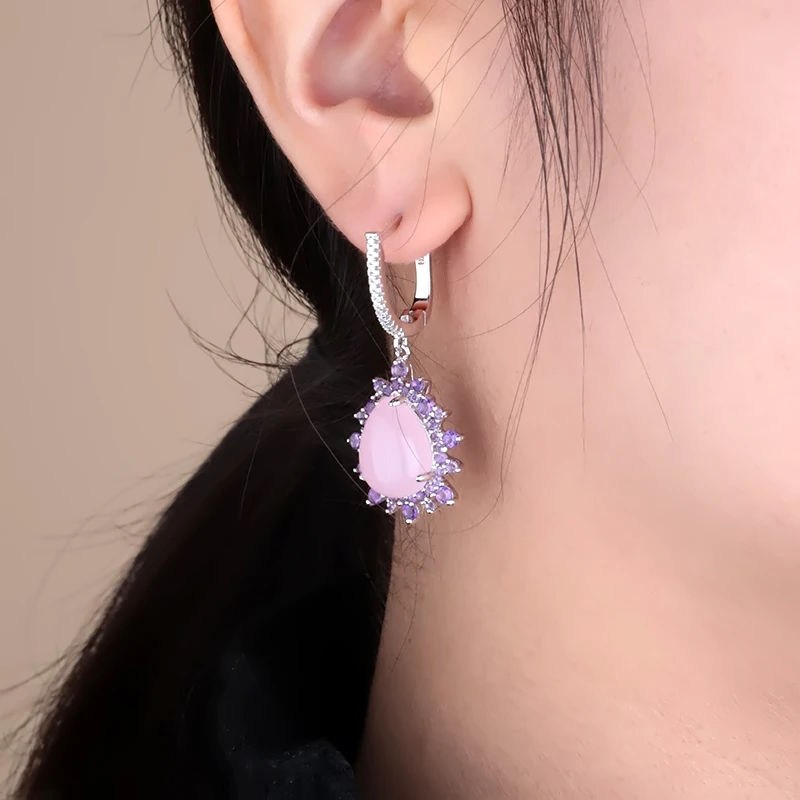 Серьги-подвески женские из серебра 925 пробы с натуральным розовым камнем |
