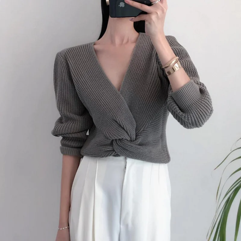 Женский свитер с v-образной горловиной топ в винтажном стиле крест-накрест витой