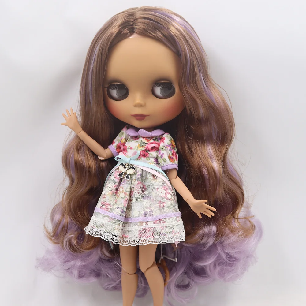 ICY Nude Blyth кукла No. BL9158/1049 коричневый микс фиолетовые волосы без челки соединение тело черная кожа матовое лицо 1/6 BJD
