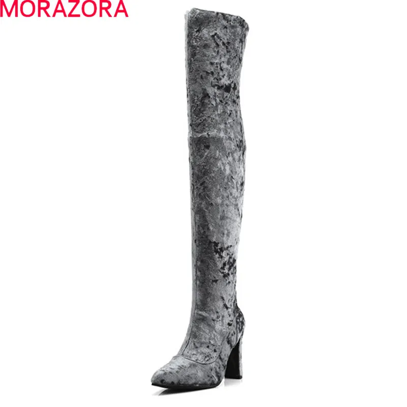 MORAZORA/2020 Новое поступление ботфорты до бедра женские эластичные сапоги с острым