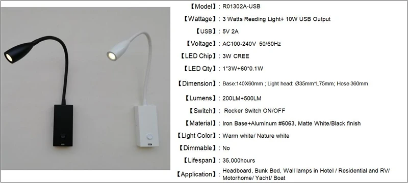 Topoch 5V 2A USB светодиодный лампы для чтения на переключатель включения/выключения 3W AC100-240V DC12-24V белый/черный Экономия пространства бра карта/диаграмма светильник
