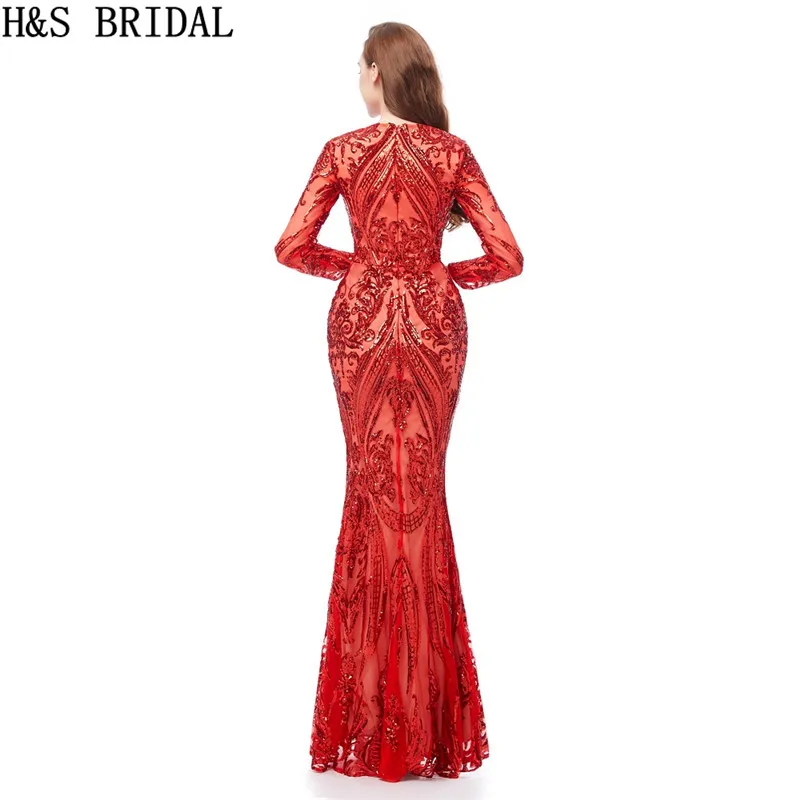 Красное платье Русалка для выпускного вечера с длинным рукавом со съемным