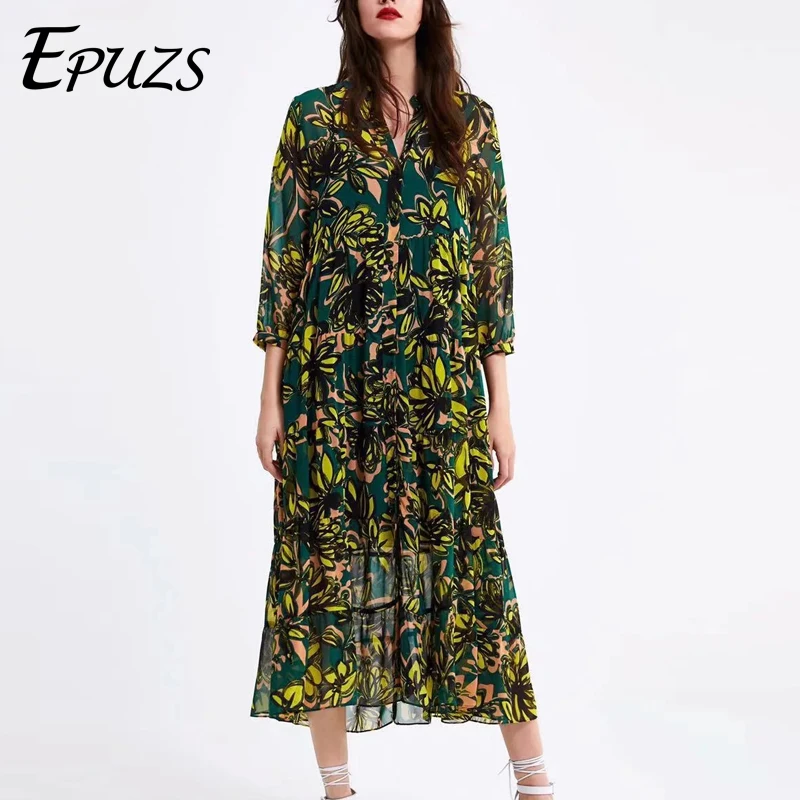 Винтажное длинное платье-рубашка с цветочным принтом женское платье