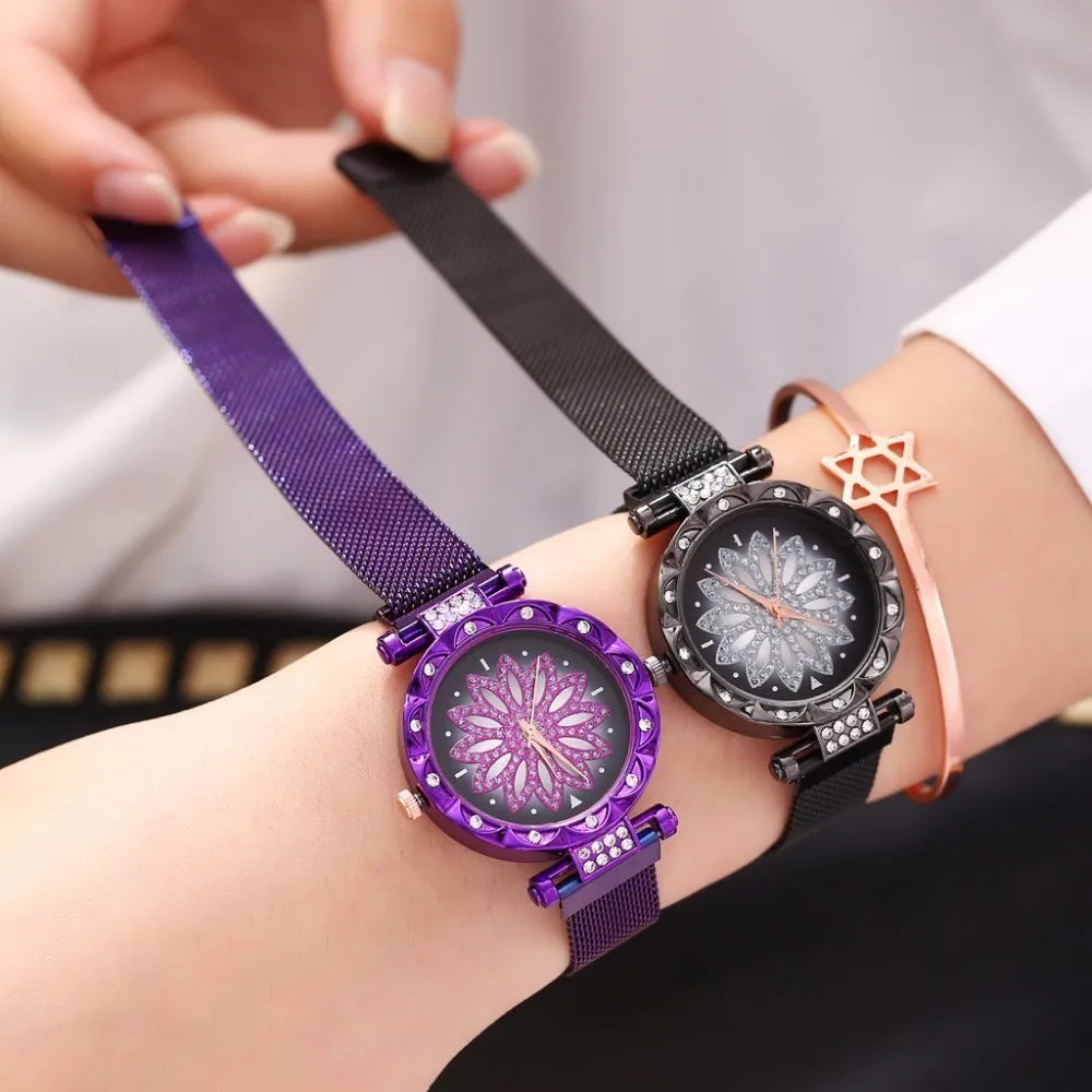 Часы с магнитной пряжкой Lucky Flower модные женские кварцевые часы со стразами Прямая