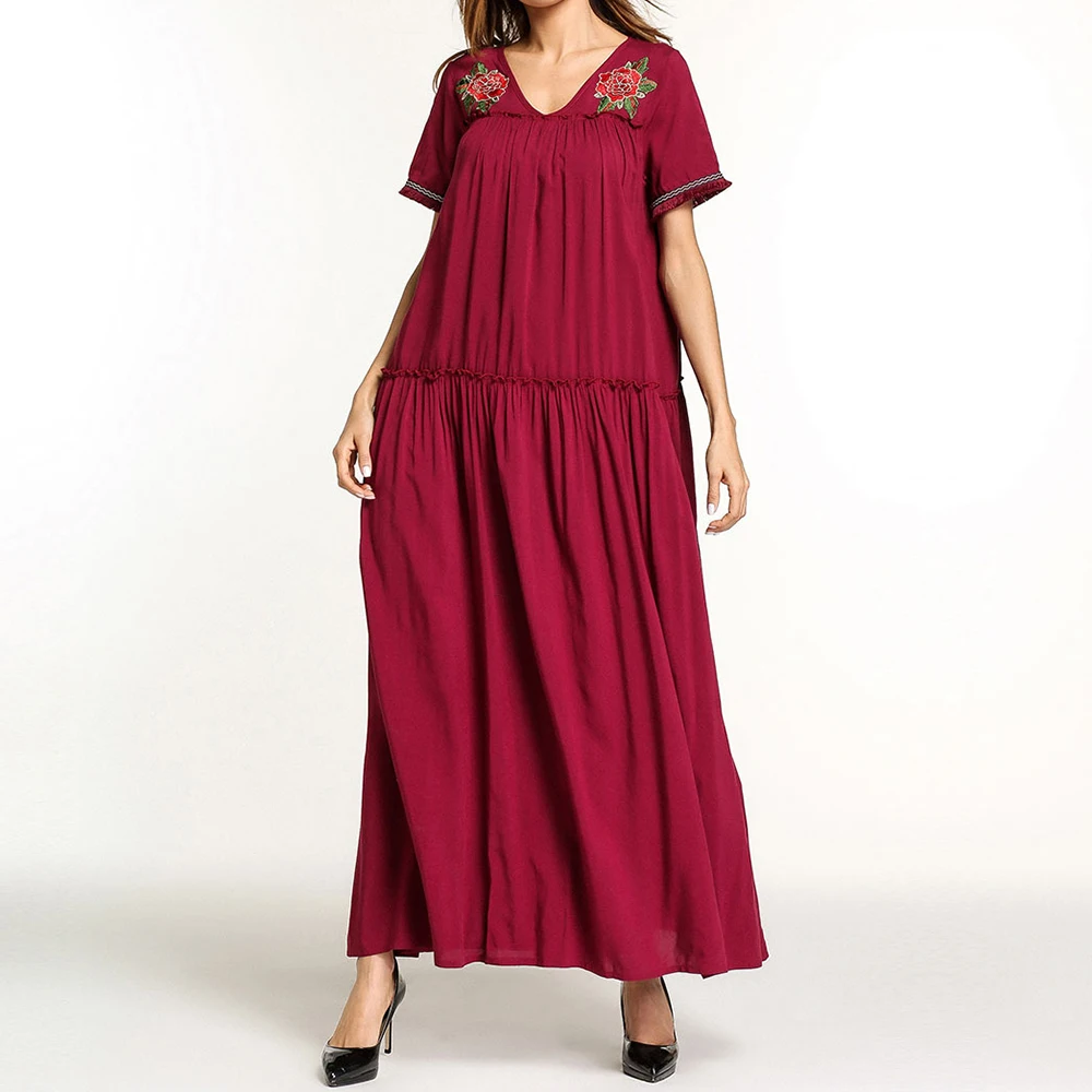 Женское летнее платье макси с коротким рукавом V-образным вырезом складками и