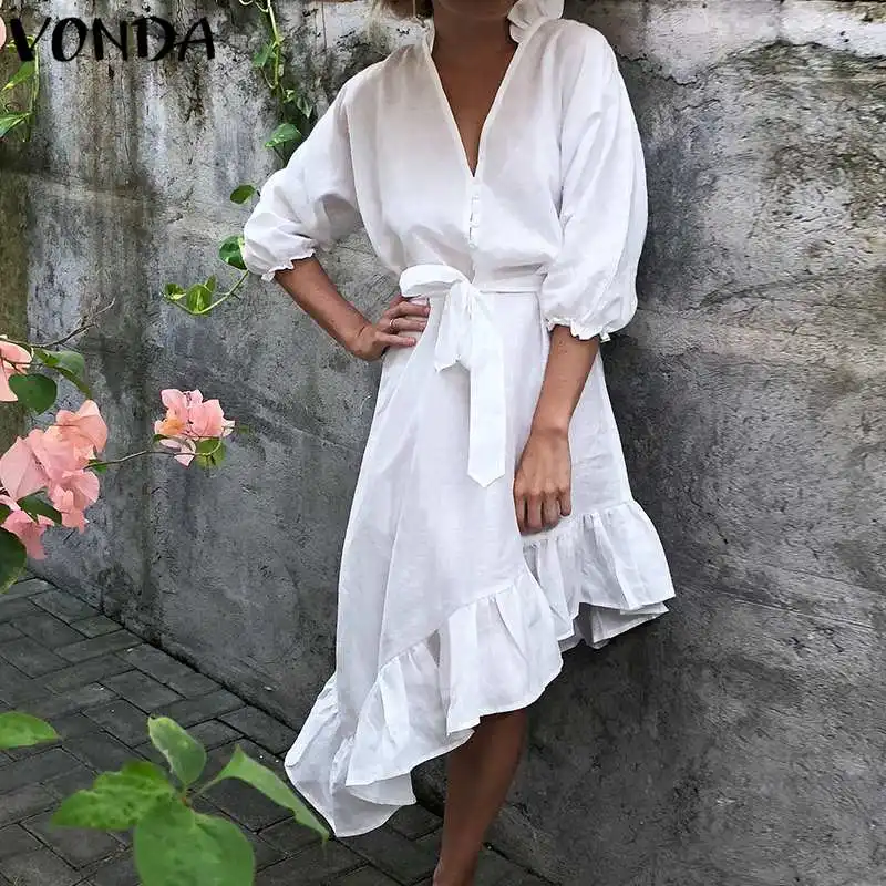 VONDA Осень женское платье повседневное Свободные Винтаж Vestidos Sexy V средства ухода за кожей Шеи пуговицы с пышными рукавами рюшами Лук пояс - Цвет: Белый