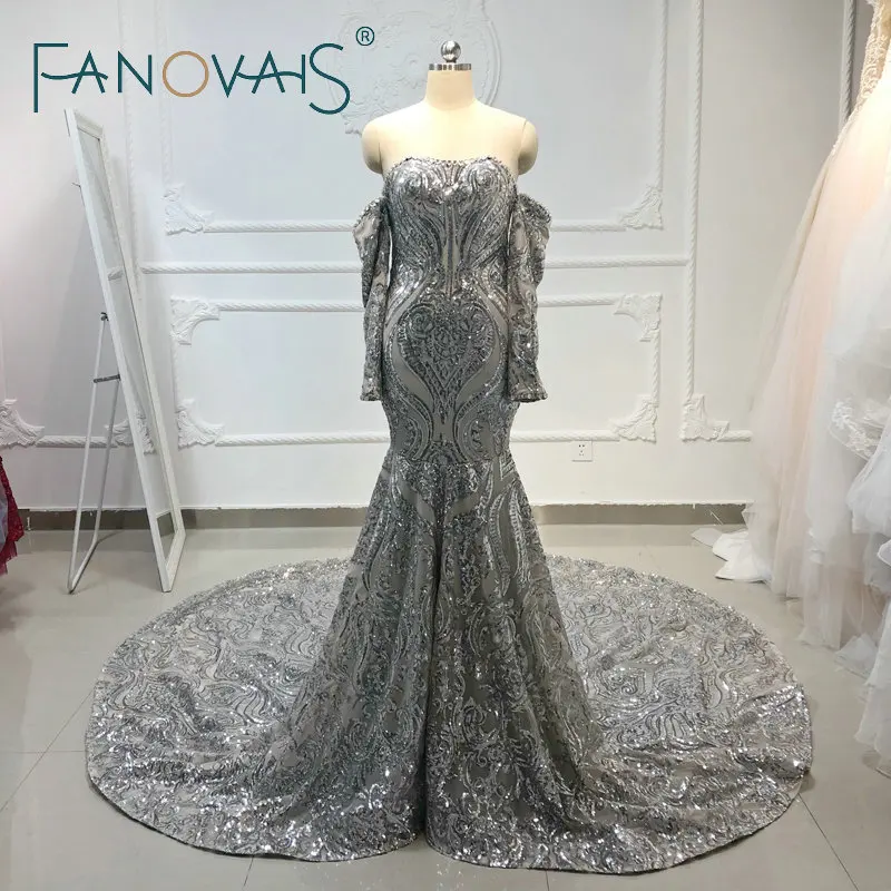 Серебряные сверкающие вечерние платья со съемными длинными Leeves Sequin Merimaid