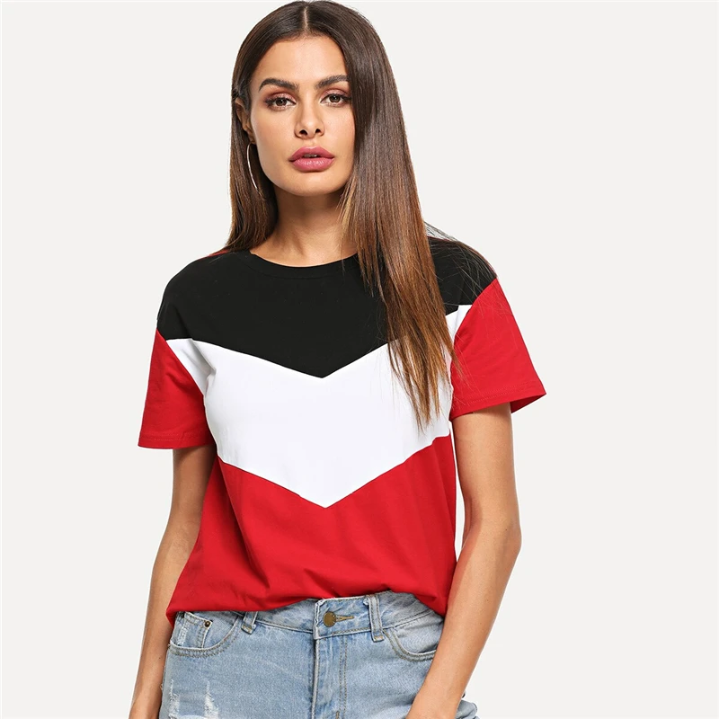 SweatyRocks, цветная футболка с коротким рукавом, уличная одежда с круглым вырезом, модные футболки, летние повседневные женские тянущиеся пуловеры, топы