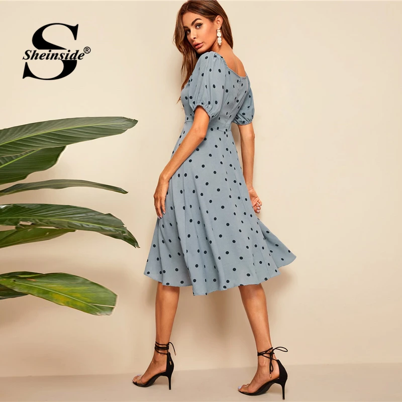 Sheinside Повседневное платье миди в горошек с принтом для женщин летние платья с пышными рукавами и высокой талией женское платье на пуговицах ТРАПЕЦИЕВИДНОЕ ПЛАТЬЕ