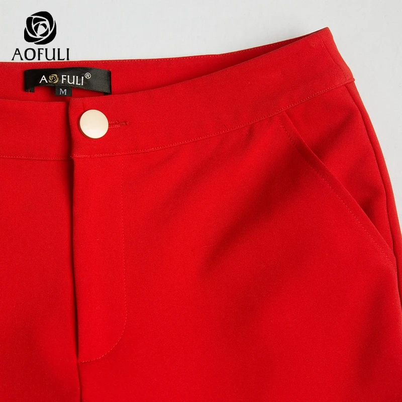 Брюки AOFULI L-3XL 4XL 5XL большие размеры женские красные брюки с перламутровым вырезом