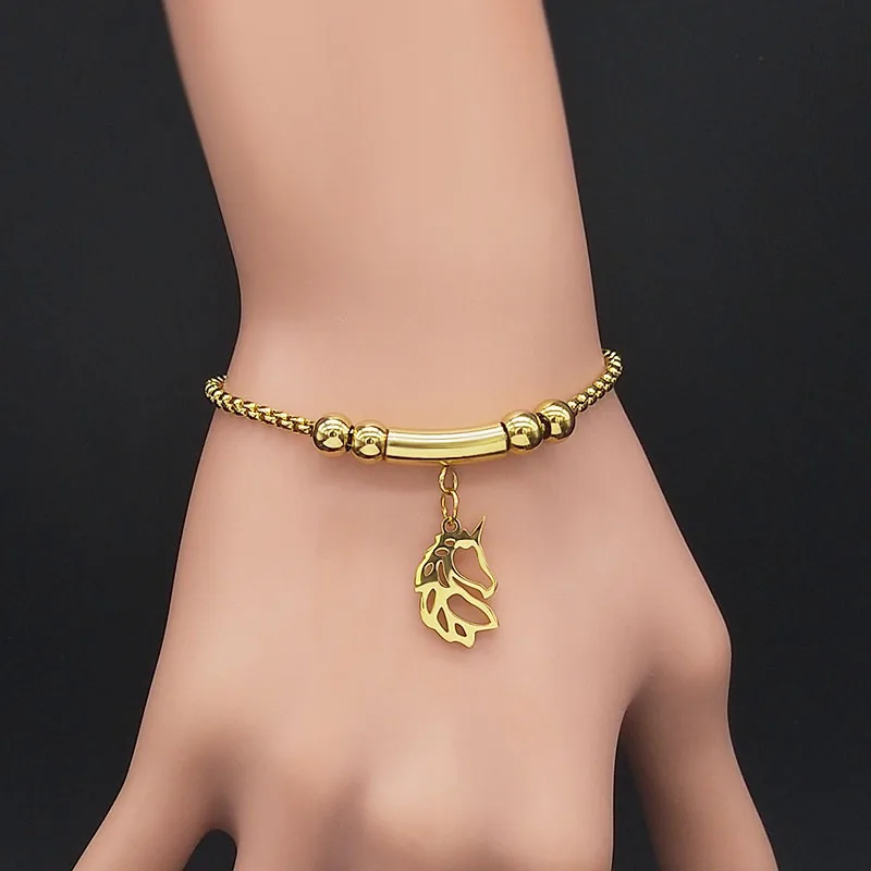 2021 модные браслеты из нержавеющей стали с единорогом для женщин золотистые