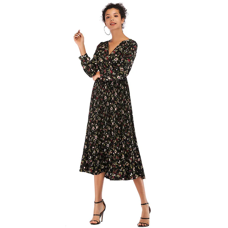 Бохо платье цветочный Плиссированное шифоновое с высокой талией v образный вырез