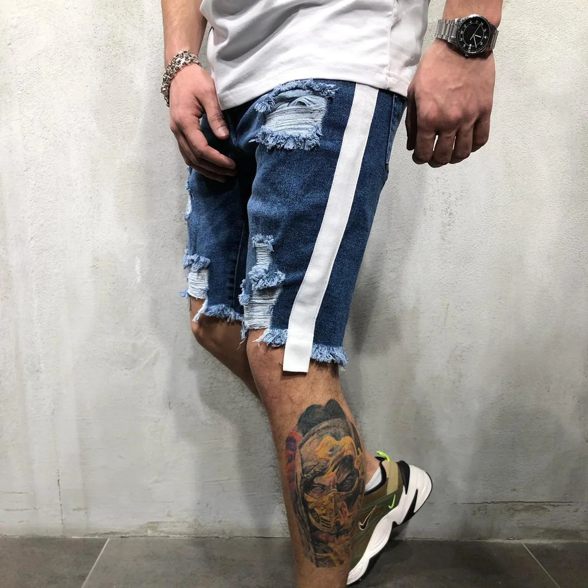 Новые мужские обтягивающие шорты джинсы Rip Slim fit из стрейчевого денима с потертостями байкерские джинсы до колен