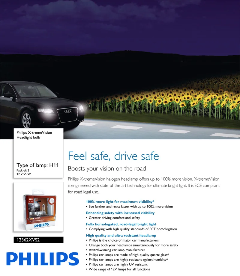 Philips H11 12 В 55 Вт PGJ19-2 X-treme Vision Автомобильные фары яркие Галогенные Противотуманные лампы ECE одобрить больше видения 12362XV S2, пара