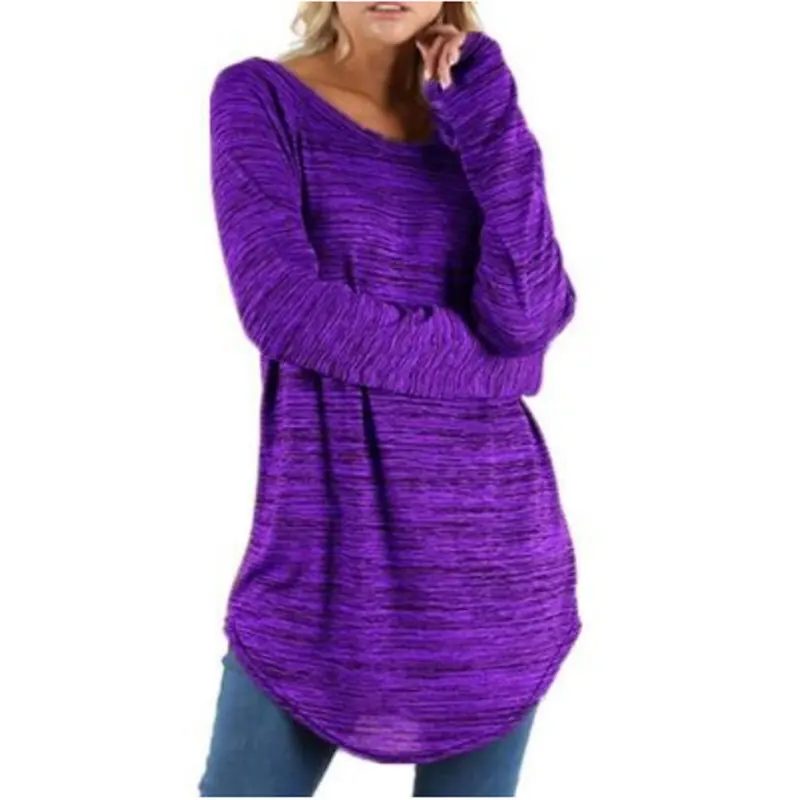 purple Новые длинные футболки женские осенне-зимние повседневные хлопковые свободные однотонные пуловер с круглым вырезом футболки с длинными рукавами Большие размеры женские - Цвет: purple