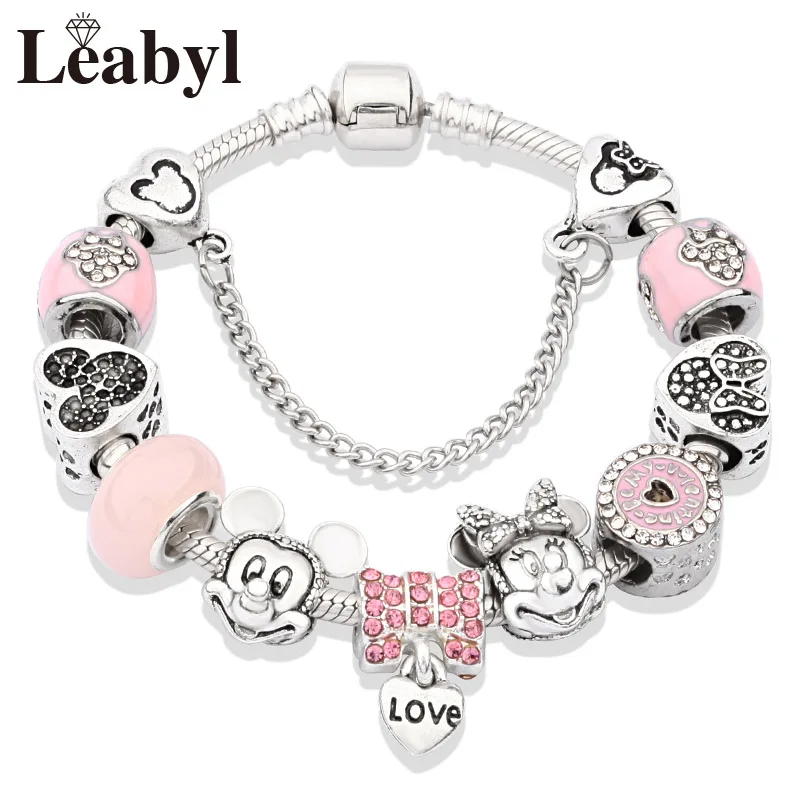 L80929 Милое платье принцессы с красной эмалью, браслет Minnie, серебряный замок, браслет из бисера, сделай сам, муранский кристалл, очаровательный браслет, браслеты для девочек - Metal Color: L80929