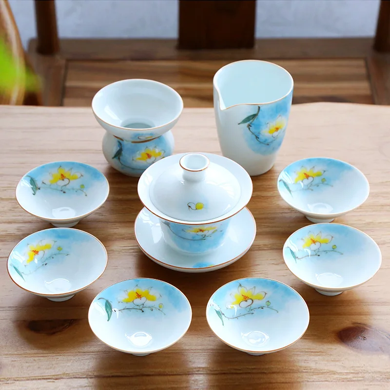 Чайный набор, керамический фарфор Цзиндэчжэнь, Gaiwan, чайная чашка, блюдце, крышка, ручная роспись, китайский кунг-фу, чайные наборы, полный набор, новинка