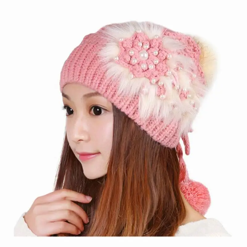 Зимняя шапка женская вязаная теплая пудра зимние шапки из натурального жемчуга