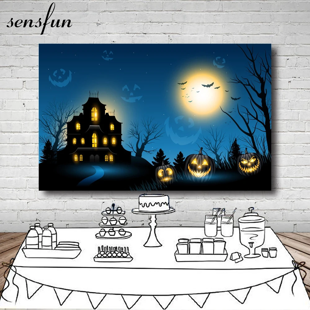 Sensfun Хэллоуин фон для фотостудии Луна ночное здание Тыква фонарь дерево