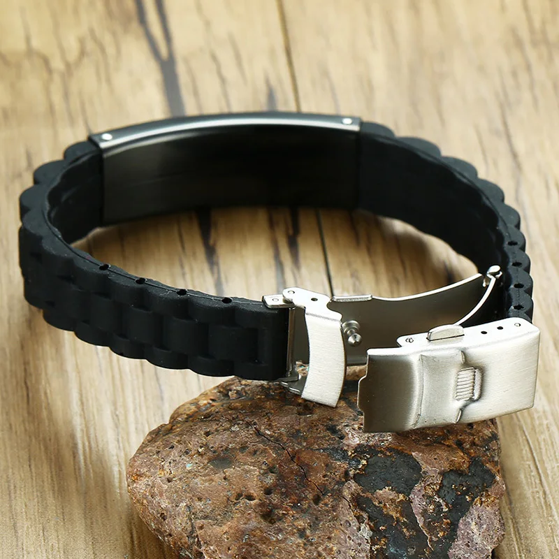 Персонализированные черные резиновые медицинские бирки IDBracelet из нержавеющей стали на заказ диабет DIY регулируемые силиконовые запястья для мужчин и детей