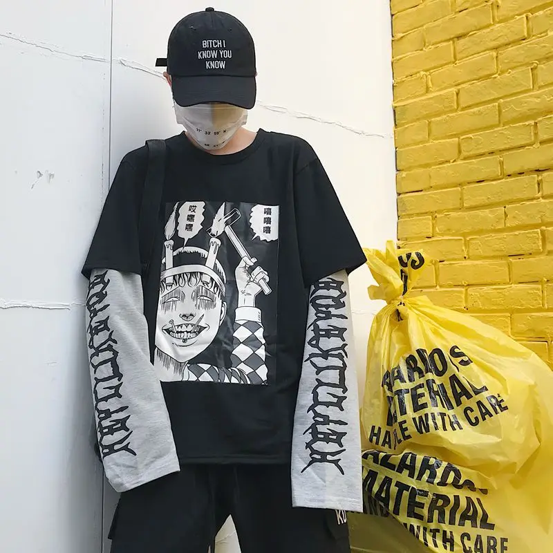 Модная футболка Femme Harajuku Street Horror, футболка с длинными рукавами и принтом комиксов, женская одежда, корейский женский топ Ulzzang