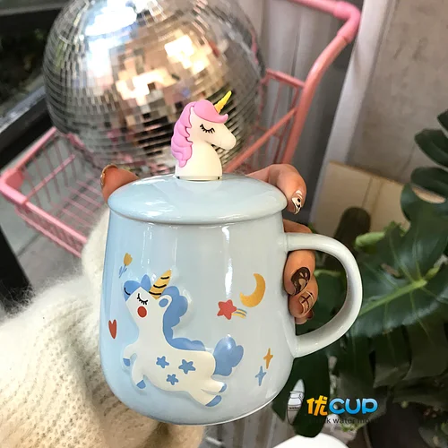 with spoon (Blue ) Креативная Милая кофейная кружка с изображением сердца единорога, соломенная чашка, керамическая Корейская версия, Студенческая домашняя чашка для воды, лучший подарок - Цвет: with spoon (Blue )