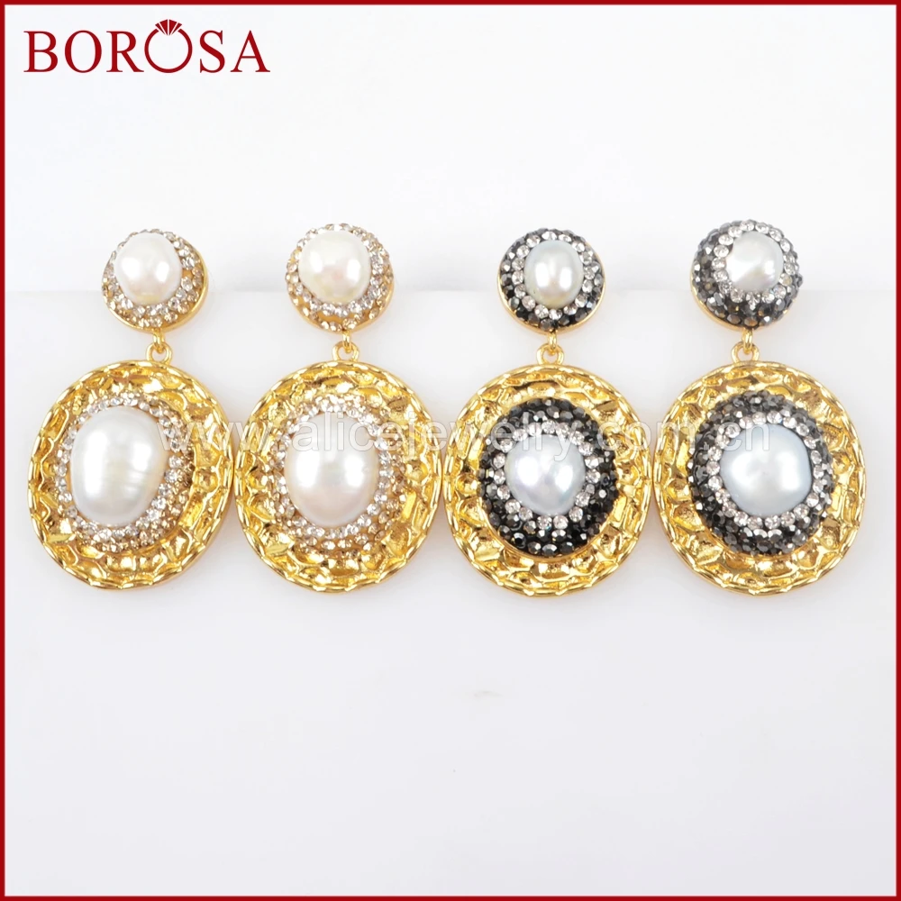 

BOROSA 5 пар, золотые овальные серьги-капли, металлические висячие серьги с натуральным жемчугом, стразы, драгоценные камни, Drusy Jewelry JAB821