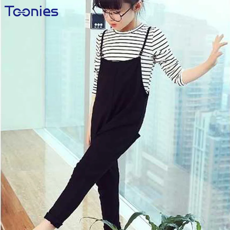 Полосатый печати Футболки для девочек + Комбинезоны 2 шт. Брюки костюмы свободные