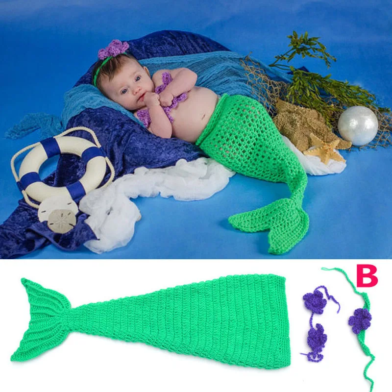 

Baby Crochet Mermaid Animal Costume Set Newborn Photo Props Infant Knitted Pearl Cocoon with Flower Headbands SG051