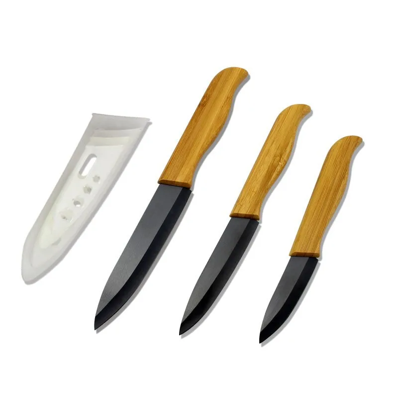 Высококачественная бамбуковая ручка с черным лезвием набор керамических ножей