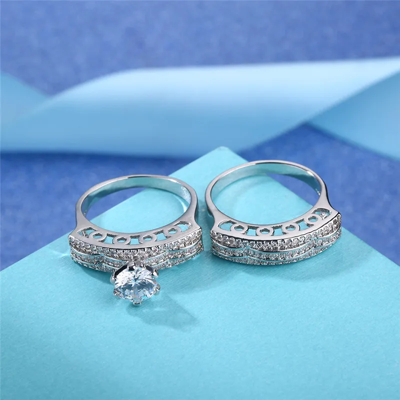 ROXI ROMAD Brand White Gold Color Double Rings For Women Three Rows Full Zircon Crystal Ring Set Wedding Bridal Jewelry Bijoux | Украшения