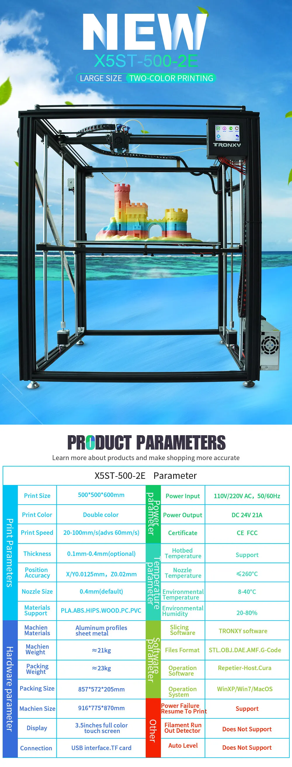 TRONXY 3D принтер X5ST-500-2E для печати размера плюс двухцветный DIY машина для печати ядер MK8 экструдер
