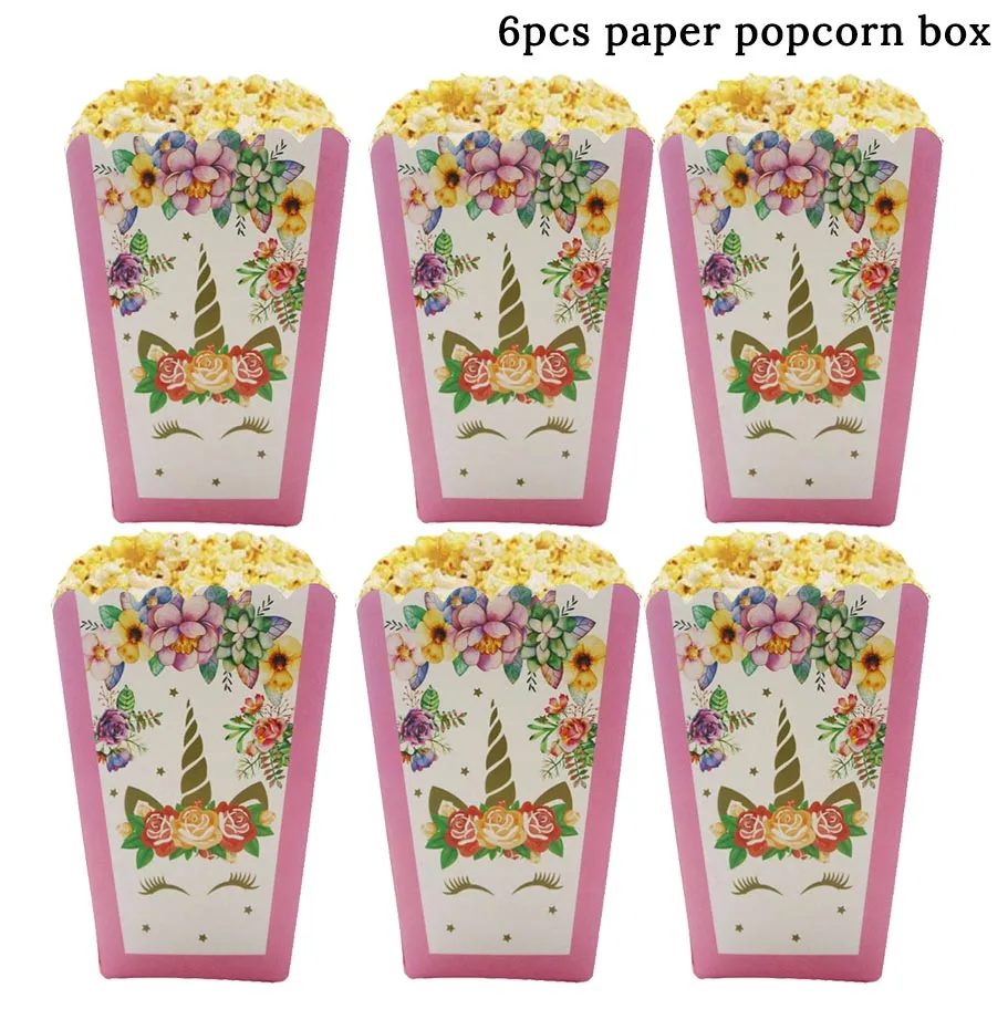 6pcs Popcorn Boxes Вечерние одноразовые бумажные стаканчики в виде единорога для вечеринки на день рождения, вечерние принадлежности для девочек - Цвет: 6pcs Popcorn Boxes