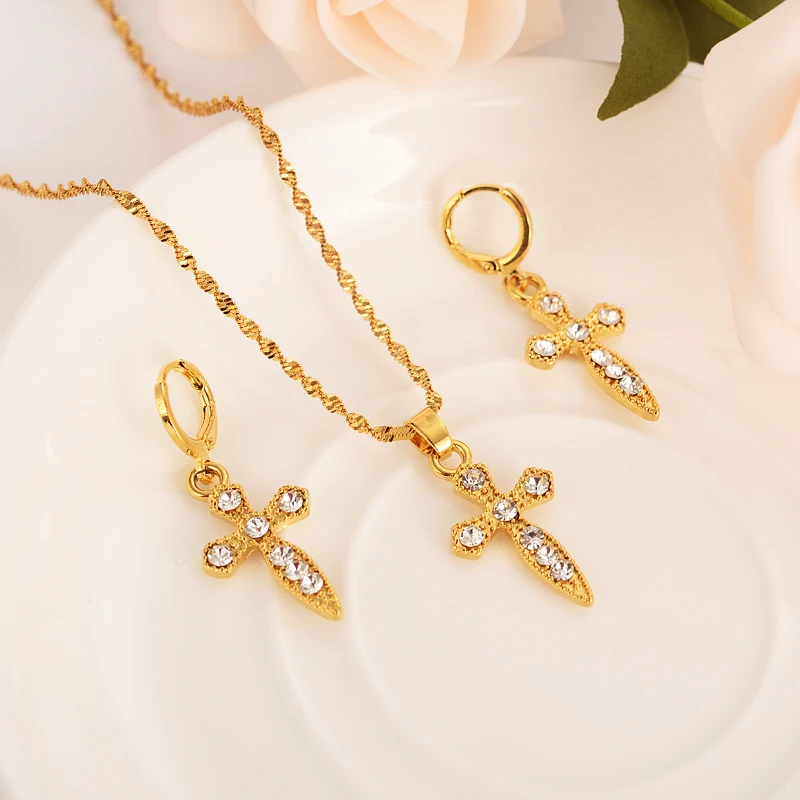 

gold small diamond cross Pendant Necklace chain Earrings sets Jewelry Gold Christian jewelry sets for women girl Best Gifts