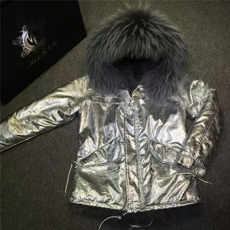Новая женская Серебристая кожаная куртка с серой подкладкой из лисьего меха