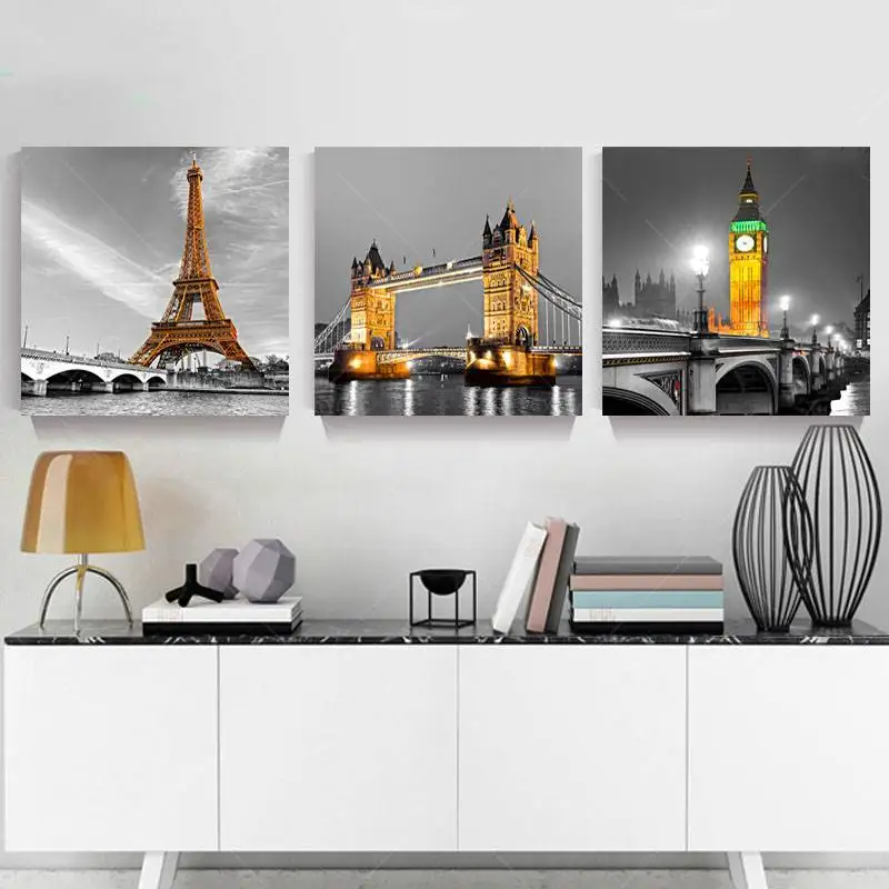 3 Панель Париж с Эйфелевой башней Холст Картина маслом Город мостов пейзаж стены