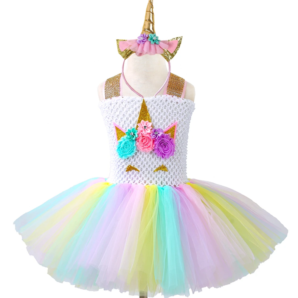 

Pastel Girls Unicorn Tutu Dress Princess Tulle Flower Girl Birthday Party Dress Children Kids Pony Unicorn Costume Clothes 1-14Y