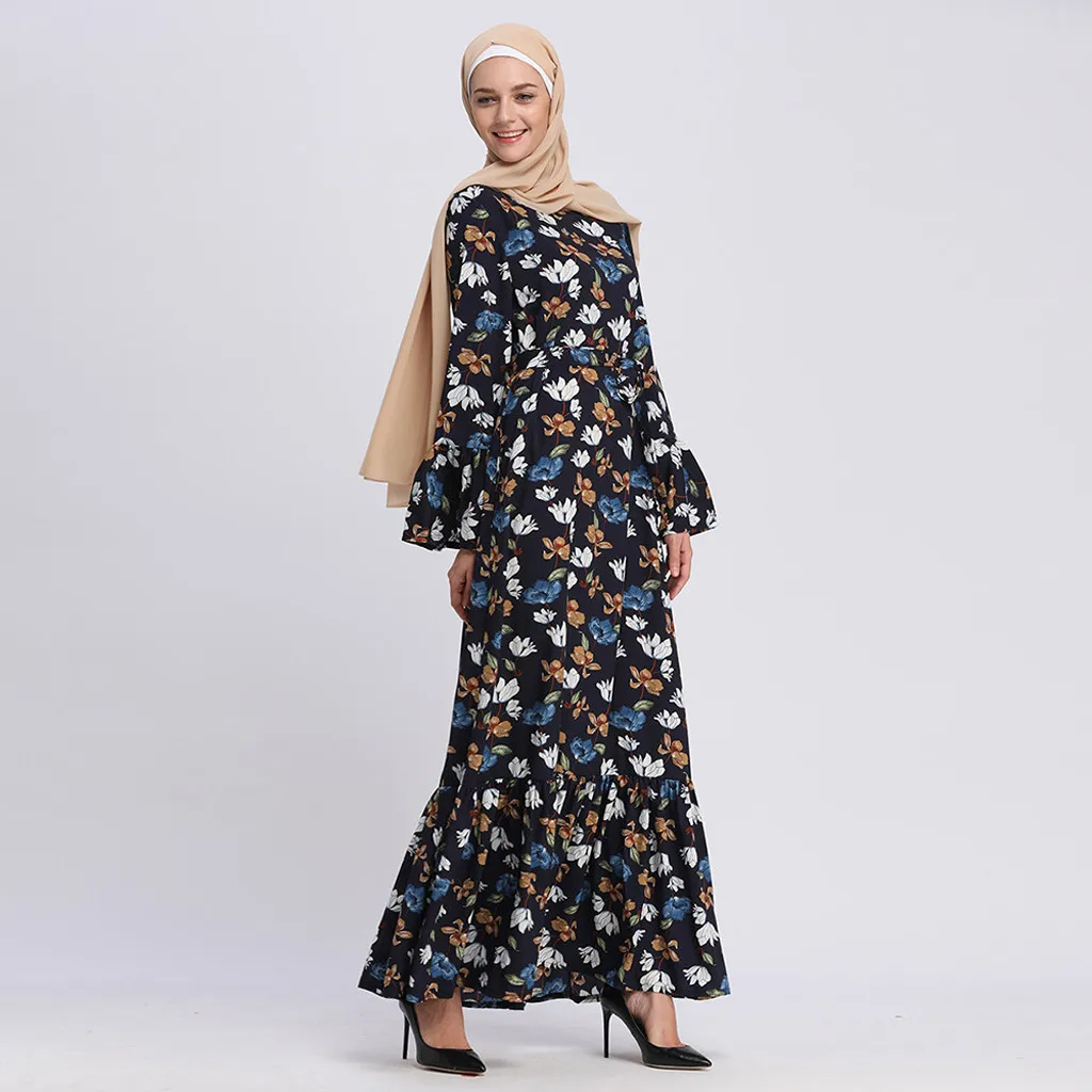 Muslim dress Islamic clothing Hijab Summer Small Floral Trumpet Sleeve Embroidery Elegant Swing Dress D300408 | Тематическая одежда