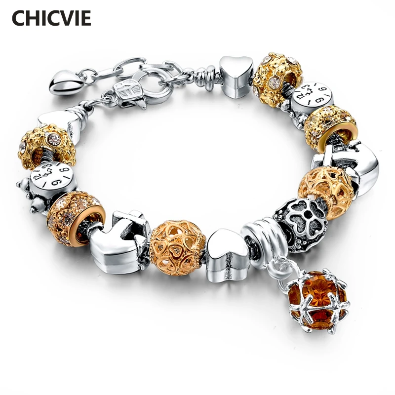 Женский браслет будильник CHICVIE из нержавеющей стали с желтым кристаллом