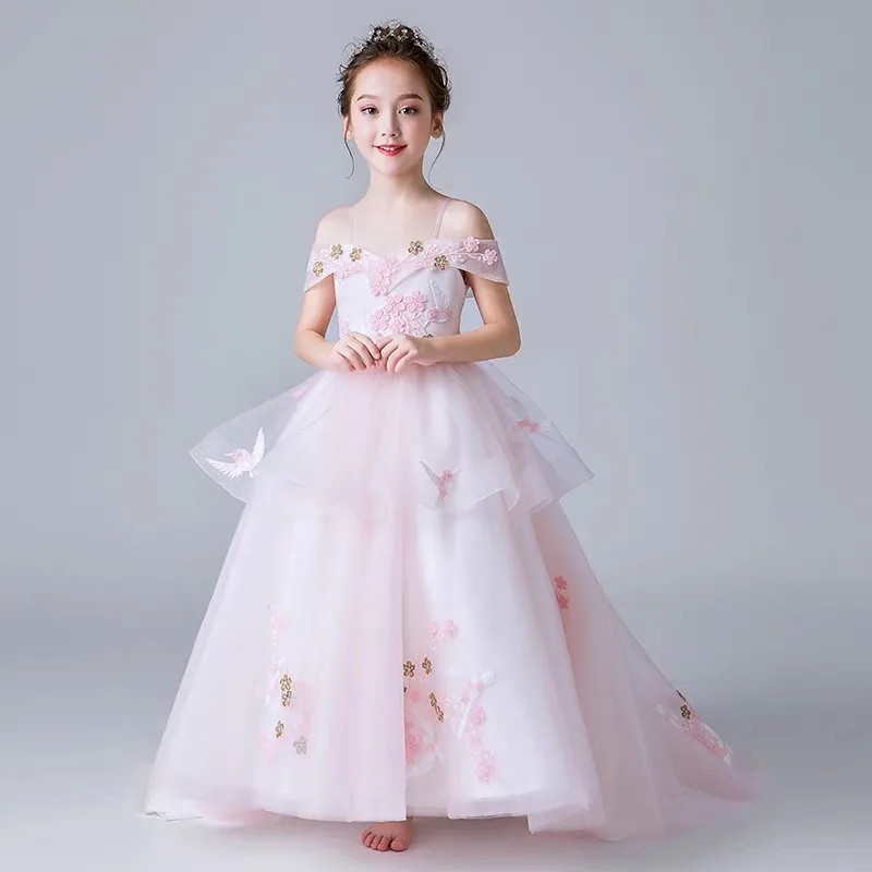 

3~12Years Children Girls Luxury Shoulderless Flowers Birthday Party Wedding Ceremony Long Tail Dress Model Catwalk Piano Dress