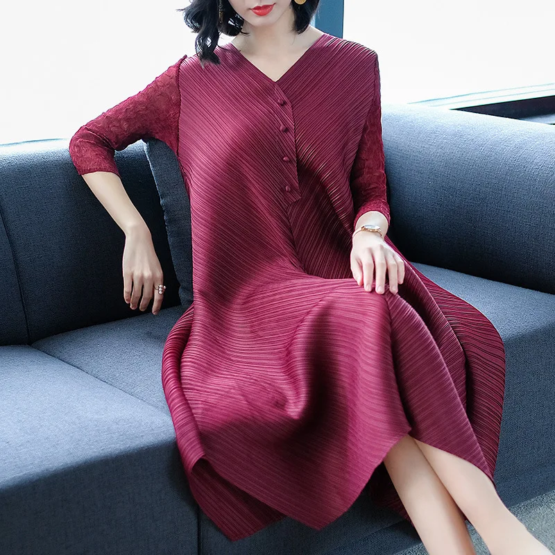 LANMREM высококачественные плиссированные платья для женщин с v-образным вырезом, рукав три четверти, свободная неровная эластичная одежда, свободный большой размер JR09 - Цвет: wine red
