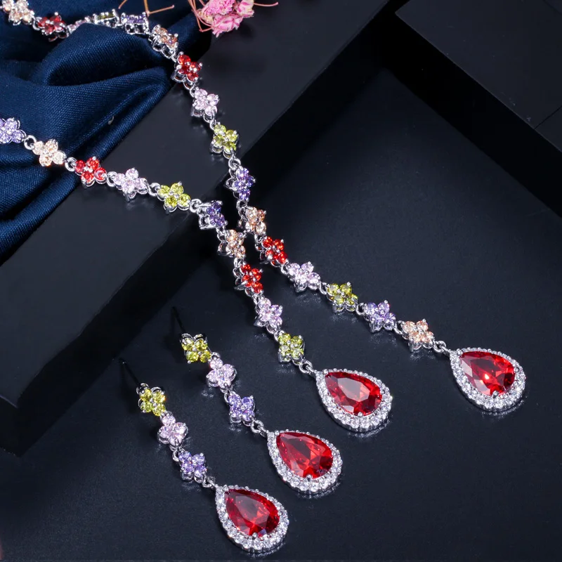 Комплект из колье и серёг с разноцветным фианитом|jewelry sets for women|party jewelry setjewelry |