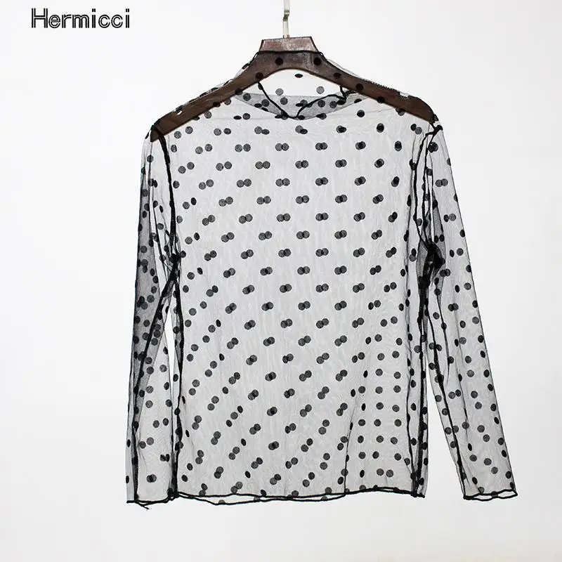 Женская прозрачная блузка с длинным рукавом черная сетчатая в стиле панк Клубная