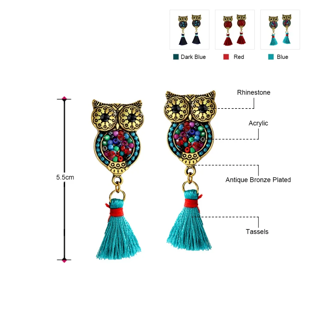 Асимметричные серьги Neoglory с кисточками в виде совы трех цветов Висячие