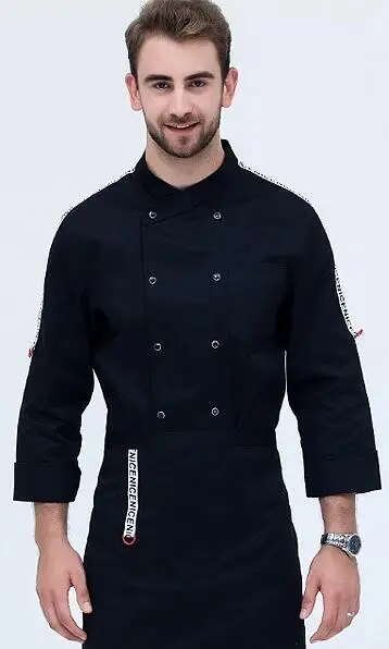 M-Black Отельная куртка шеф-повара с длинными рукавами для мужчин и женщин, рабочая одежда для кухни, хлопковый комбинезон, белая униформа шеф-повара, рабочая куртка для ресторанов, B-6488 - Цвет: M-Black