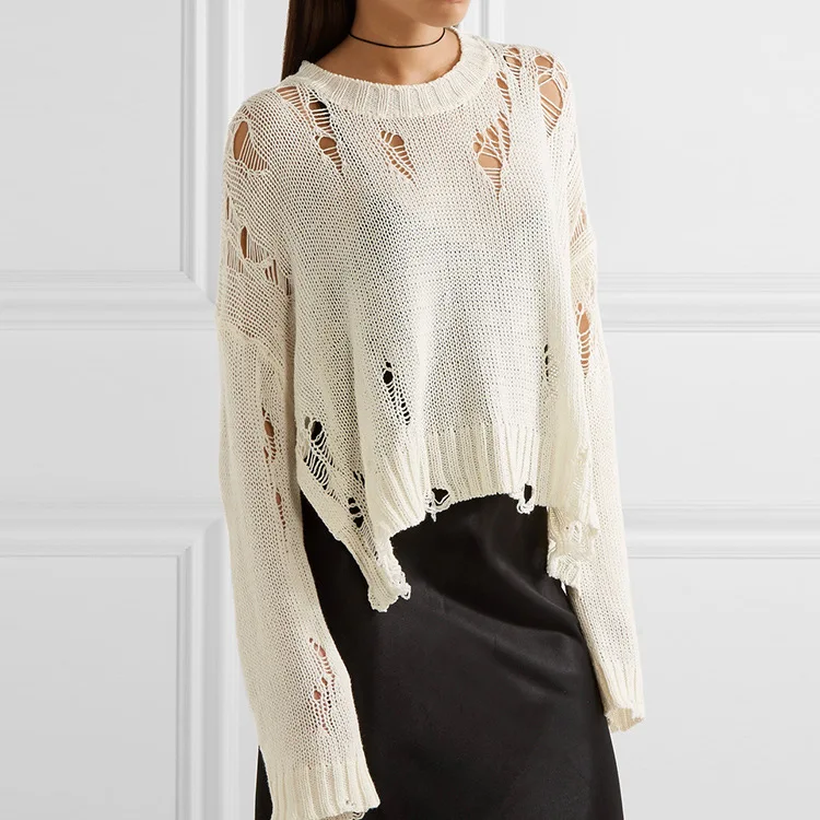 Fetoo Thin Fashion Ripped Hole Knitted Pullover Women Sweater Loose Casual High-low Hem Long Sleeve Knitting Sweaters Female | Женская