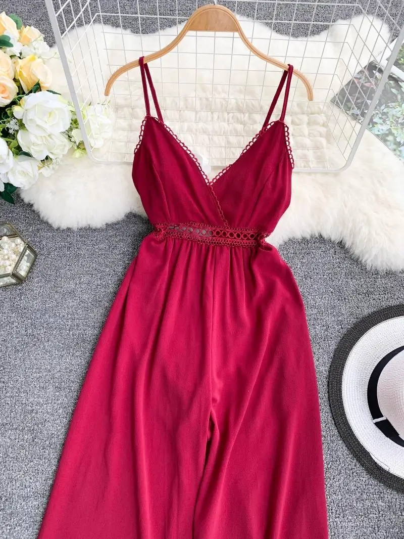 Женский комбинезон в стиле ретро длинный пляжный с V-образным вырезом лямкой на