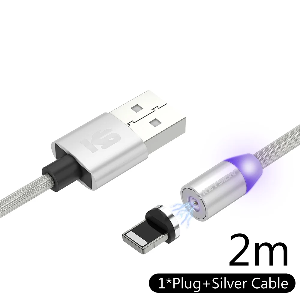 Silver 2m KEYSION 1 м Магнитный кабель для зарядки, Micro USB кабель для iPhone XR XS Max X магнитное зарядное устройство usb type C светодиодный кабель для зарядки - Цвет: Silver 2m