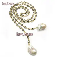 Pyrite Beads Chain Lariat Necklace Freshwater Baroque Pearl Necklace NM23719