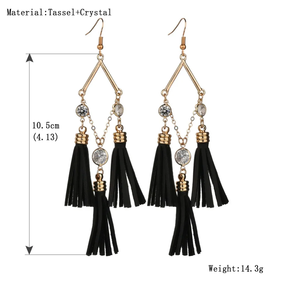 В богемном стиле черные кожаные кисточкой серьги очарование хрустальные бусины